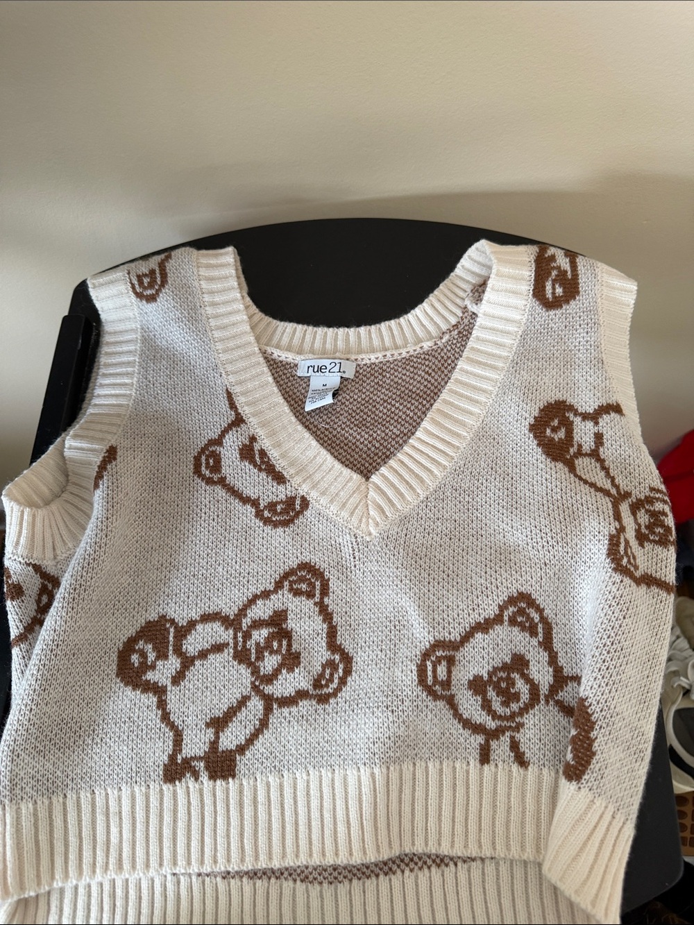 Rue21 Cream Knit V-Neck Sweater Vest with Brown Teddy Motif